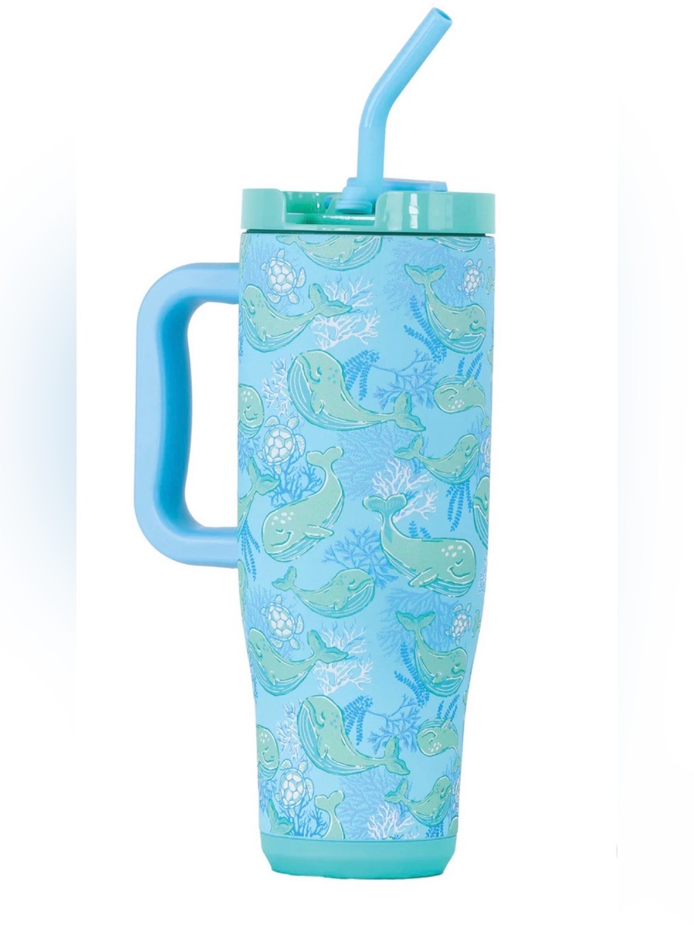 Simply Southern 40 oz Blue Whale Pattern Travel Tumbler with Handle and Straw